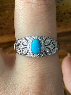 Sleeping Beauty Turquoise White Diamond Sterling Silver Art Deco Ring Size 8.75